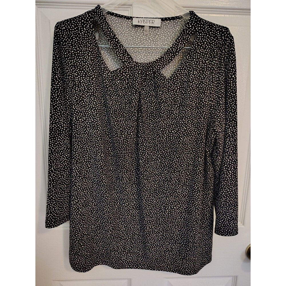 Kasper Women’s Black White Polka Dot Pleated Scoop Neck 3/4 Sleeve Blouse L